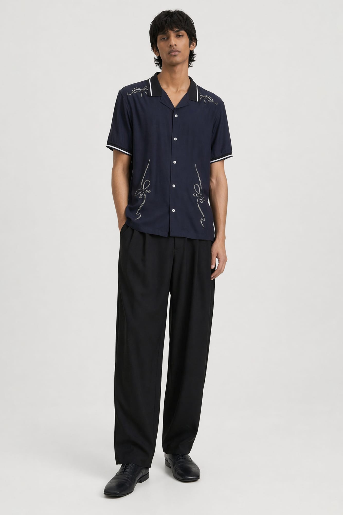 Acne Studios Graphic Button up in Navy full look