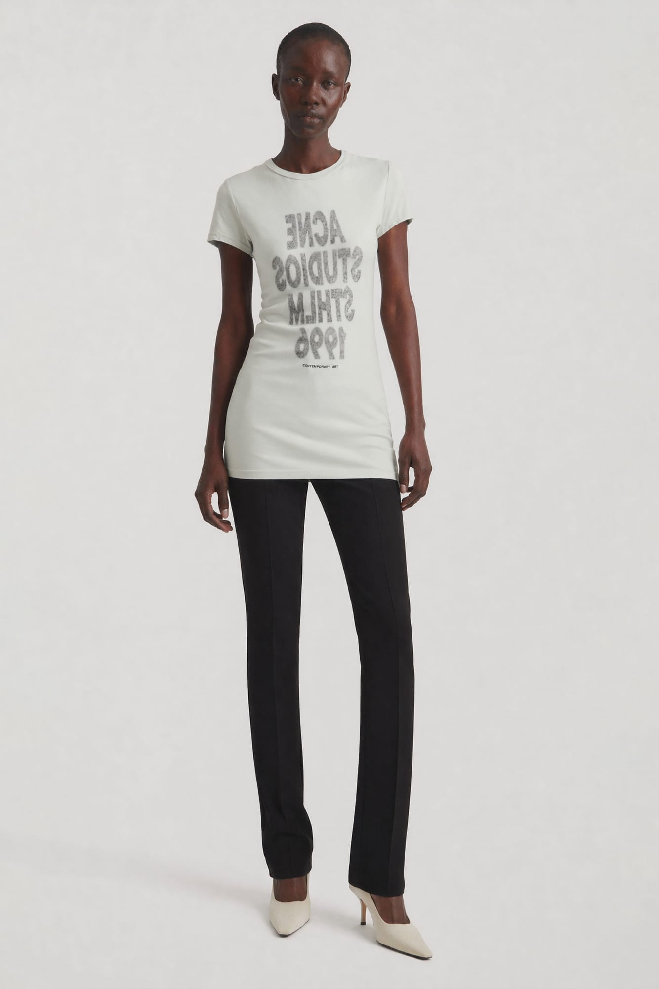Acne Studios Graphic Stockholm T-Shirt in Cold Grey full look