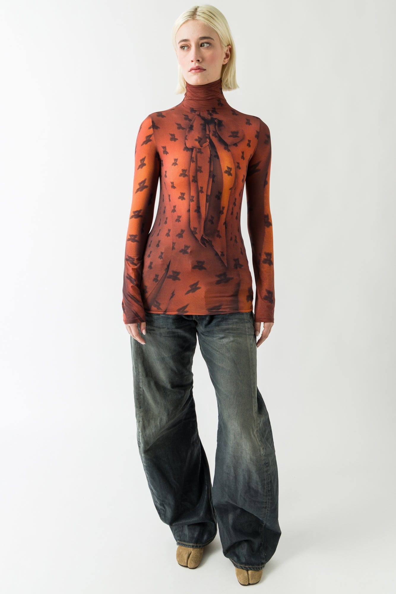 Acne Studios Sheer Long Sleeve Top In Rust Brown full look