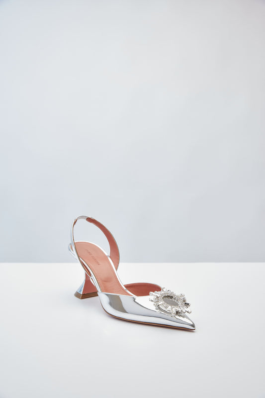 Amina Muaddi Begum Sling 70 in Mirror Silver angled front