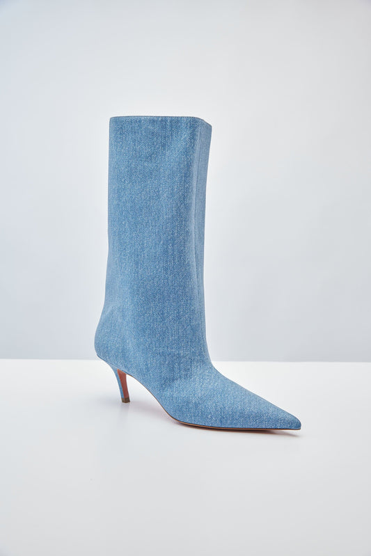 Amina Muaddi Fiona Boot in Suede Denim angled front