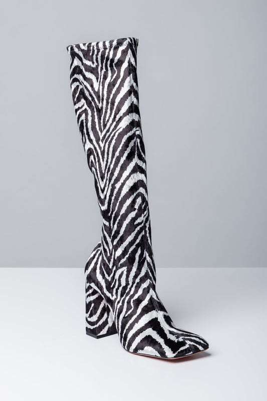 Amina Muaddi Marine Stretch Boot in Velvet Zebra
