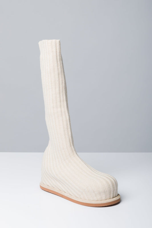 Amina Muaddi Veneda Stretch Boot in Fuzzy Ribbed Knit side