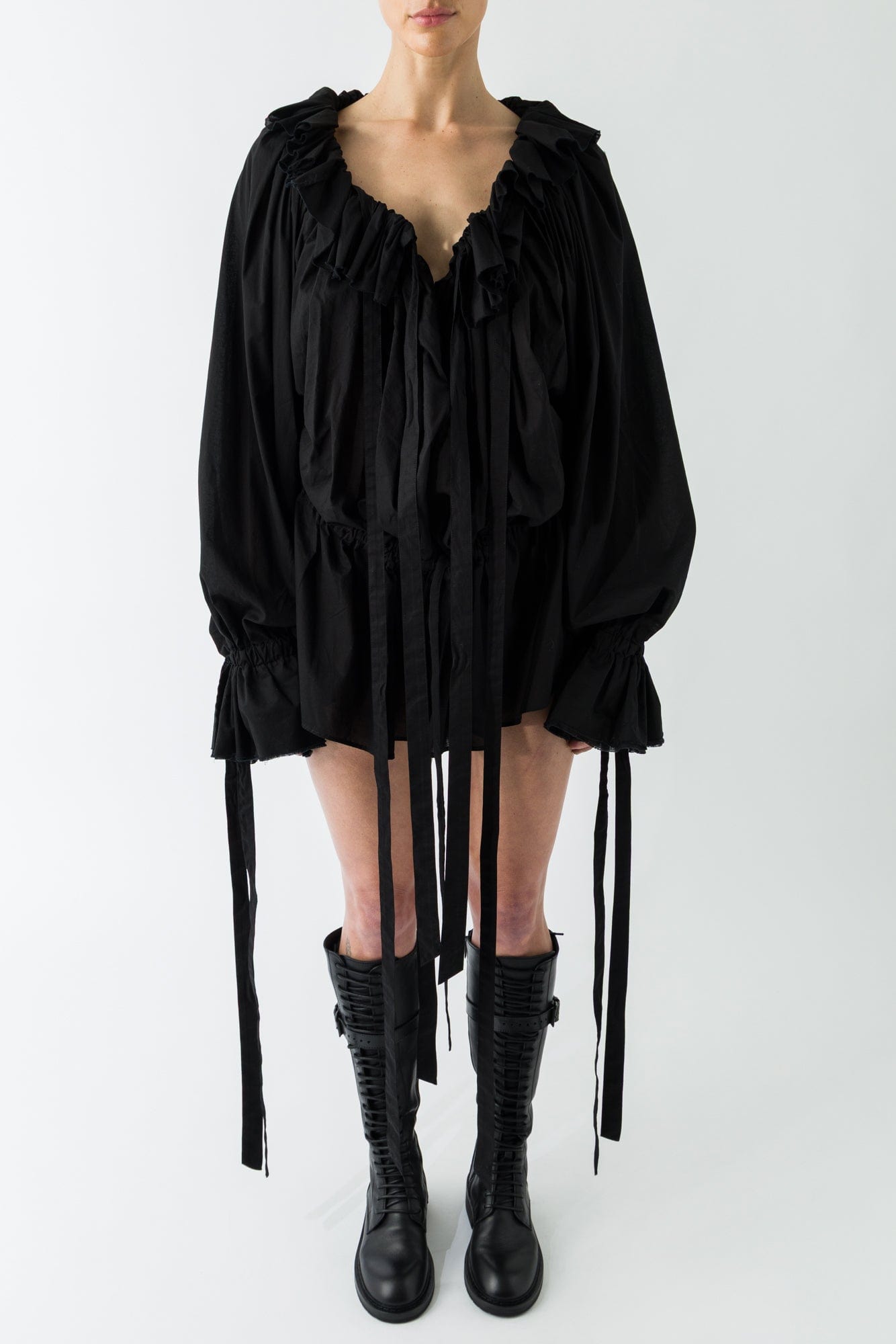 ann demeulemeester black dress Bregje Ruffled In XXS Dress length type:Midi Length edge detailing create a Backless Halter Maxi Dress