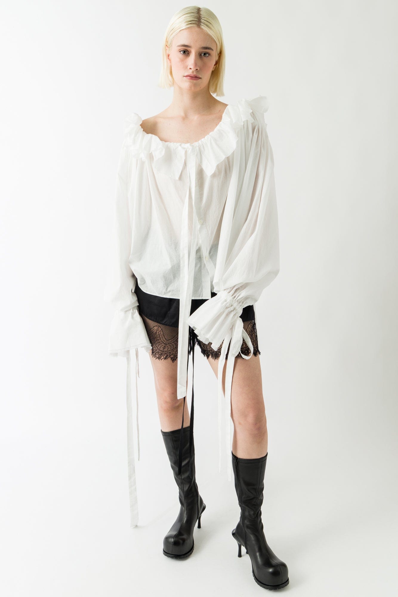 Ann Demeulemeester Stee Ruffled Long Sleeve Blouse in Light Natural White full look