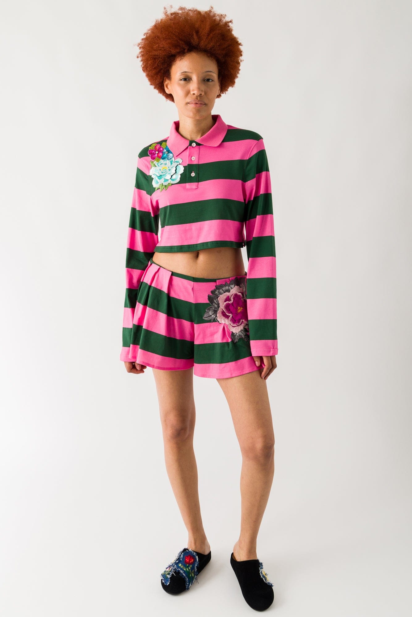 Area Embroidered Flower Rugby Stripe Cropped Polo full look