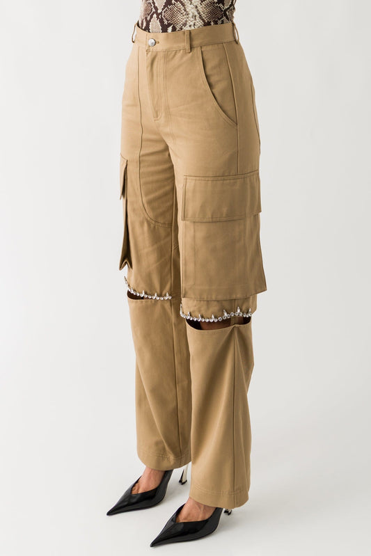 Area Crystal Slit Cargo Pant In Tan side