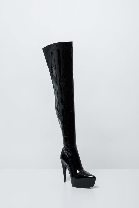 Balenciaga Sunset OTK boot in Black Patent front
