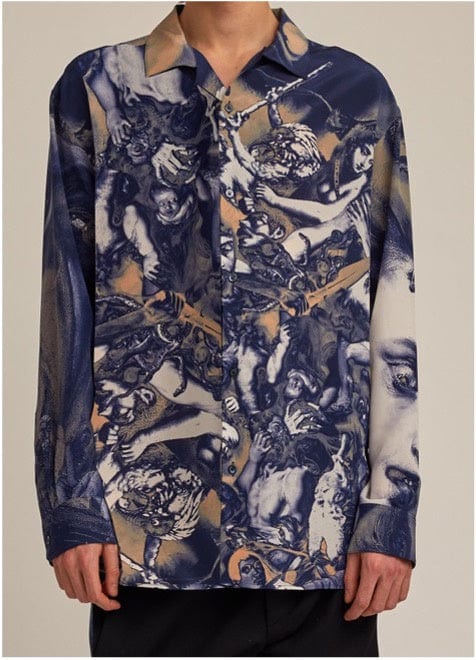 Y/PROJECT NOSTALGIA PYJAMA SHIRT IN MIDNIGHT BLUE/BEIGE