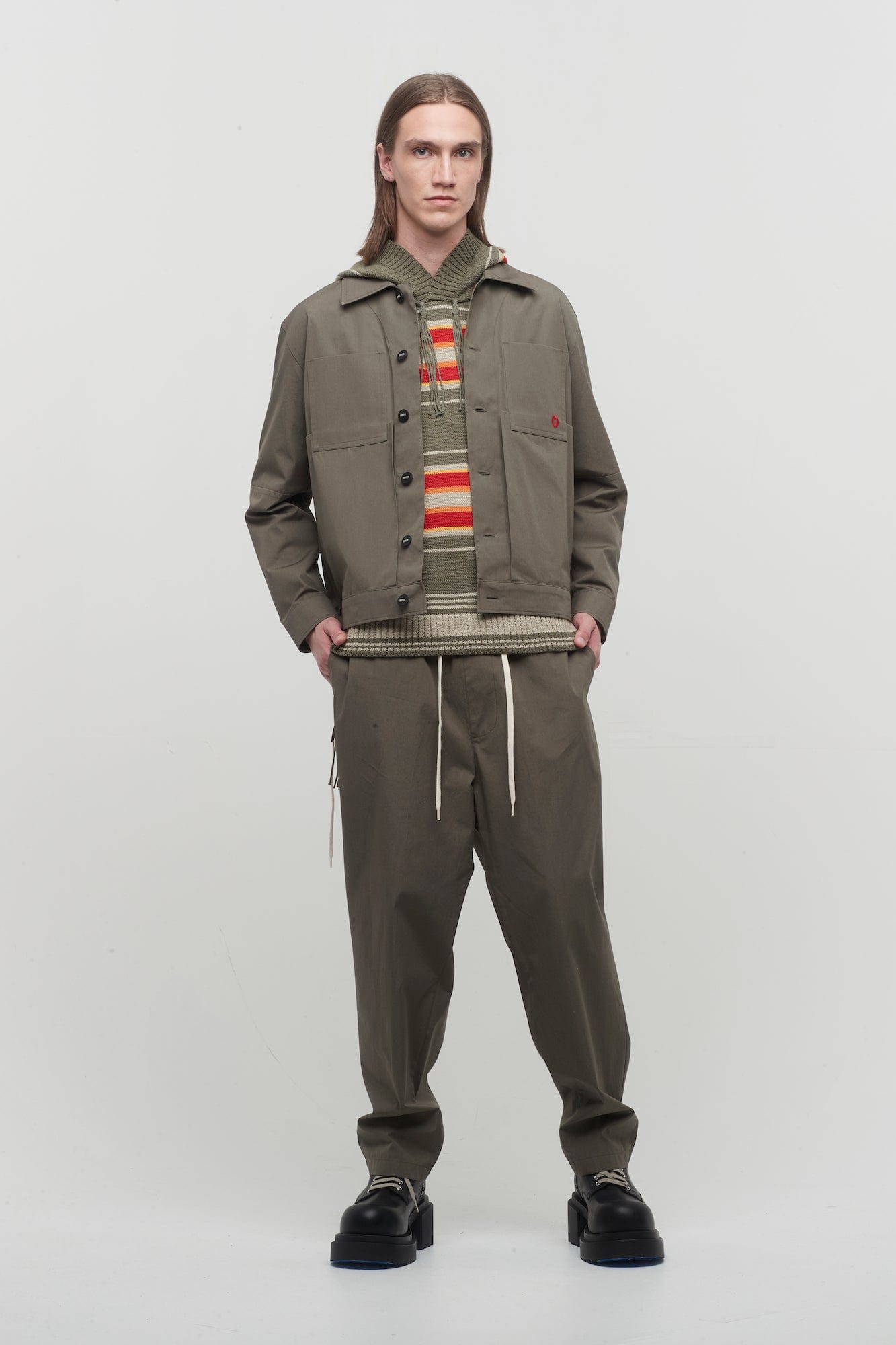 Craig Green Circle Worker Trouser in Olive full look