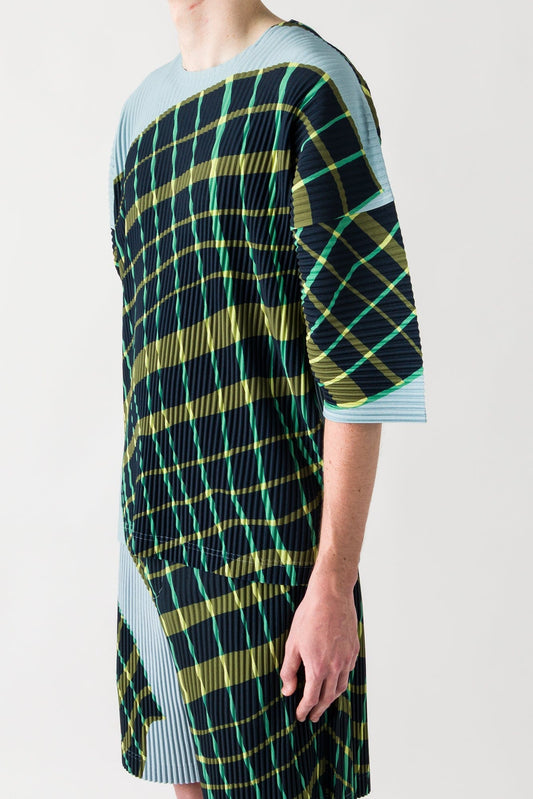 Homme Plissé Issey Miyake Windswept Plaid Shirt in Blue Gray SS25 side