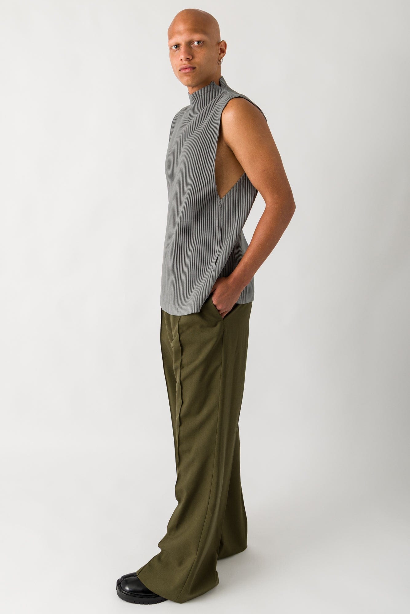 Homme Plissé Issey Miyake Sleeveless Mockneck in Warm Grey full look