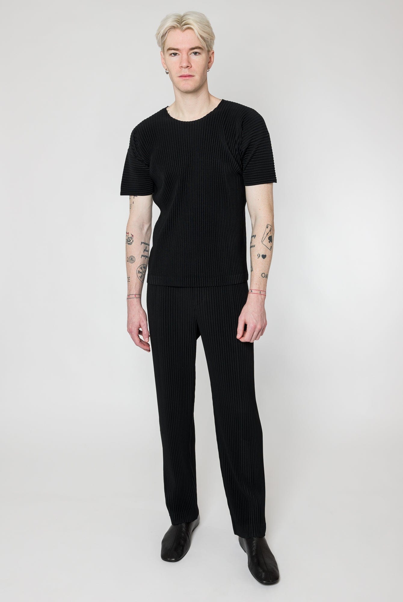 Homme Plissé Issey Miyake Basics Straight Leg Trousers in Black full look