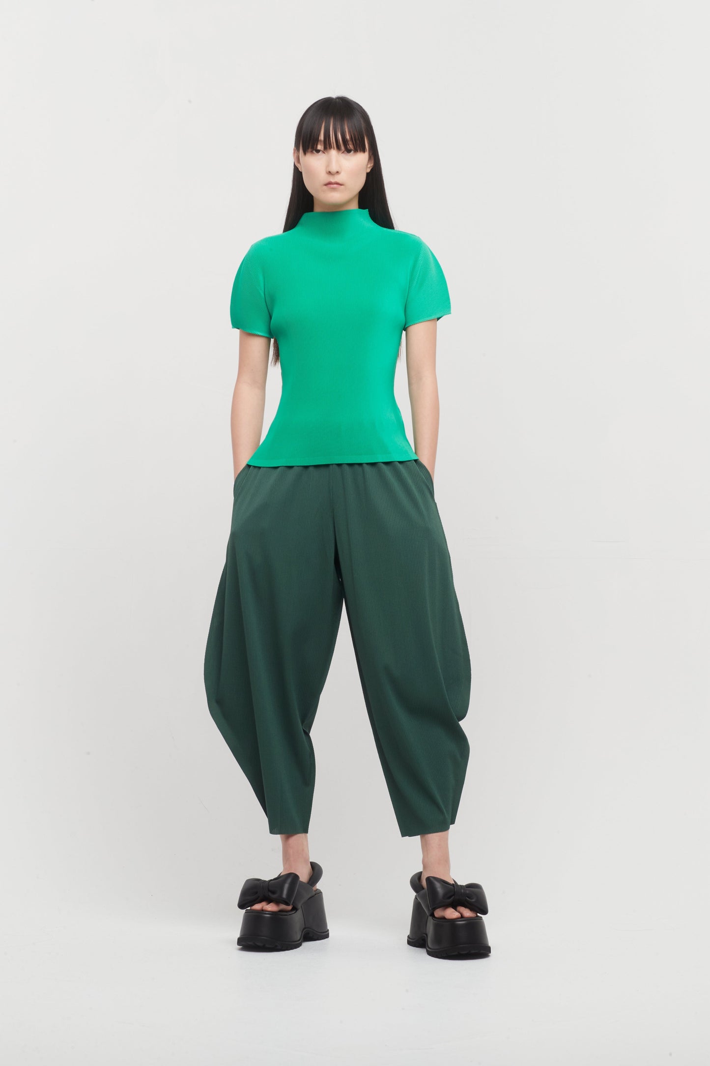 Pleats Please Issey Miyake Mist April Mock Top in Green full look
