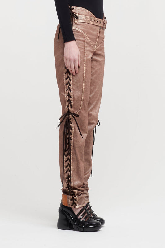 Jean Paul Gaultier X KNWLS Low Waist Laced Straight Trousers with Topstitched and Branded Patch Details side