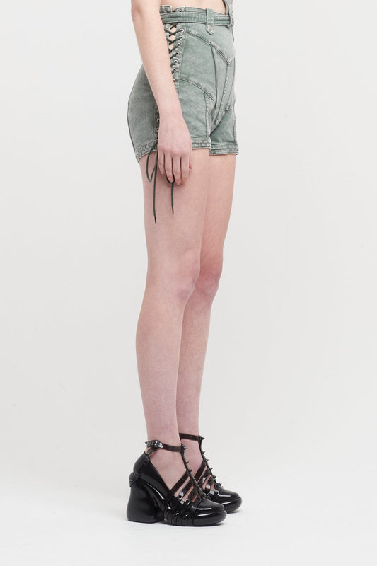 Jean Paul Gaultier X KNWLS Washed Laced Mini Short High Waist and Band Details side