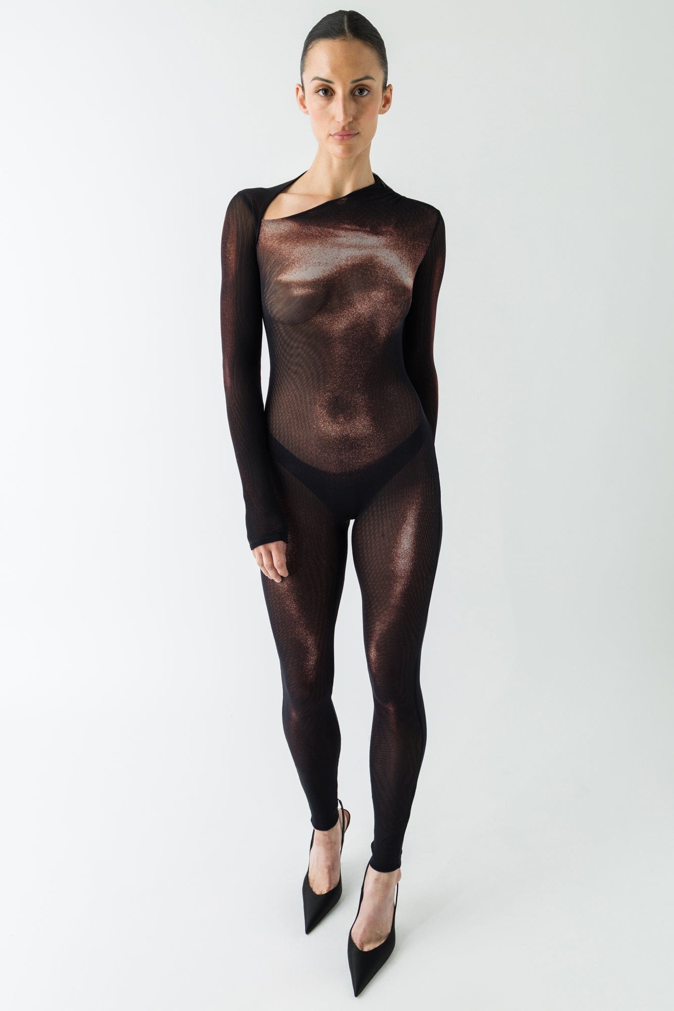Jean Paul Gaultier Asymmetric Mesh Catsuit in Body Dust ful look