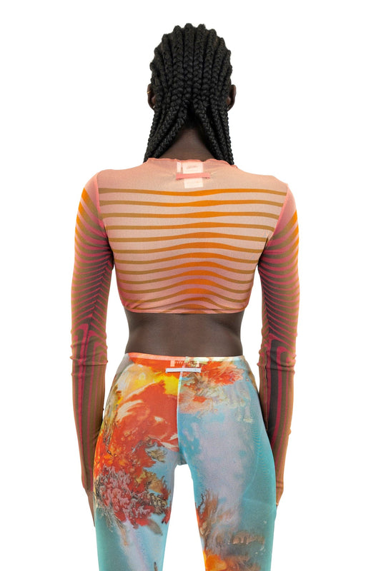 Jean Paul Gaultier Cropped Top Long Sleeves Fleur Morphing Stripes in Red/Orange back