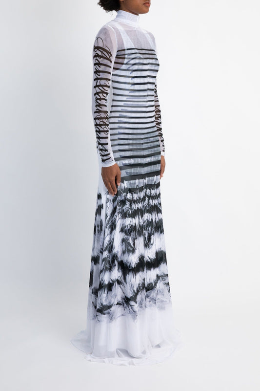 Jean Paul Gaultier Feathers Mariniere Printed Spandex and Mesh Long Dress side