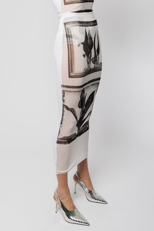 Jean Paul Gaultier Flowers Cadres Printed Mesh Long Skirt with Knitted Back SS25 side