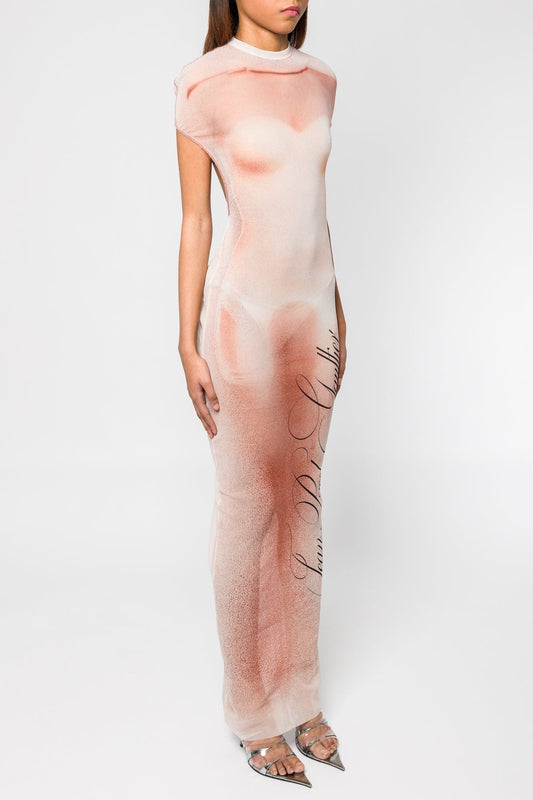 Jean Paul Gaultier Le Classique Printed Mesh Long Dress with Gather Details SS25sode