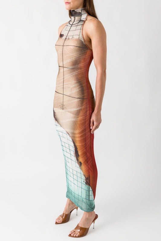 Jean Paul Gaultier Mesh High Neck Printed Dress In Fire side