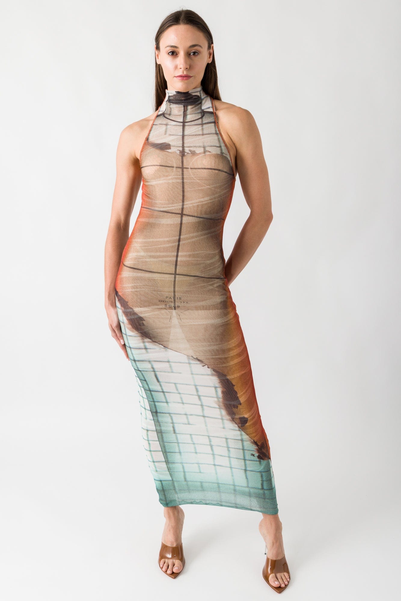 Jean Paul Gaultier Mesh High Neck Printed Dress In Fire full look