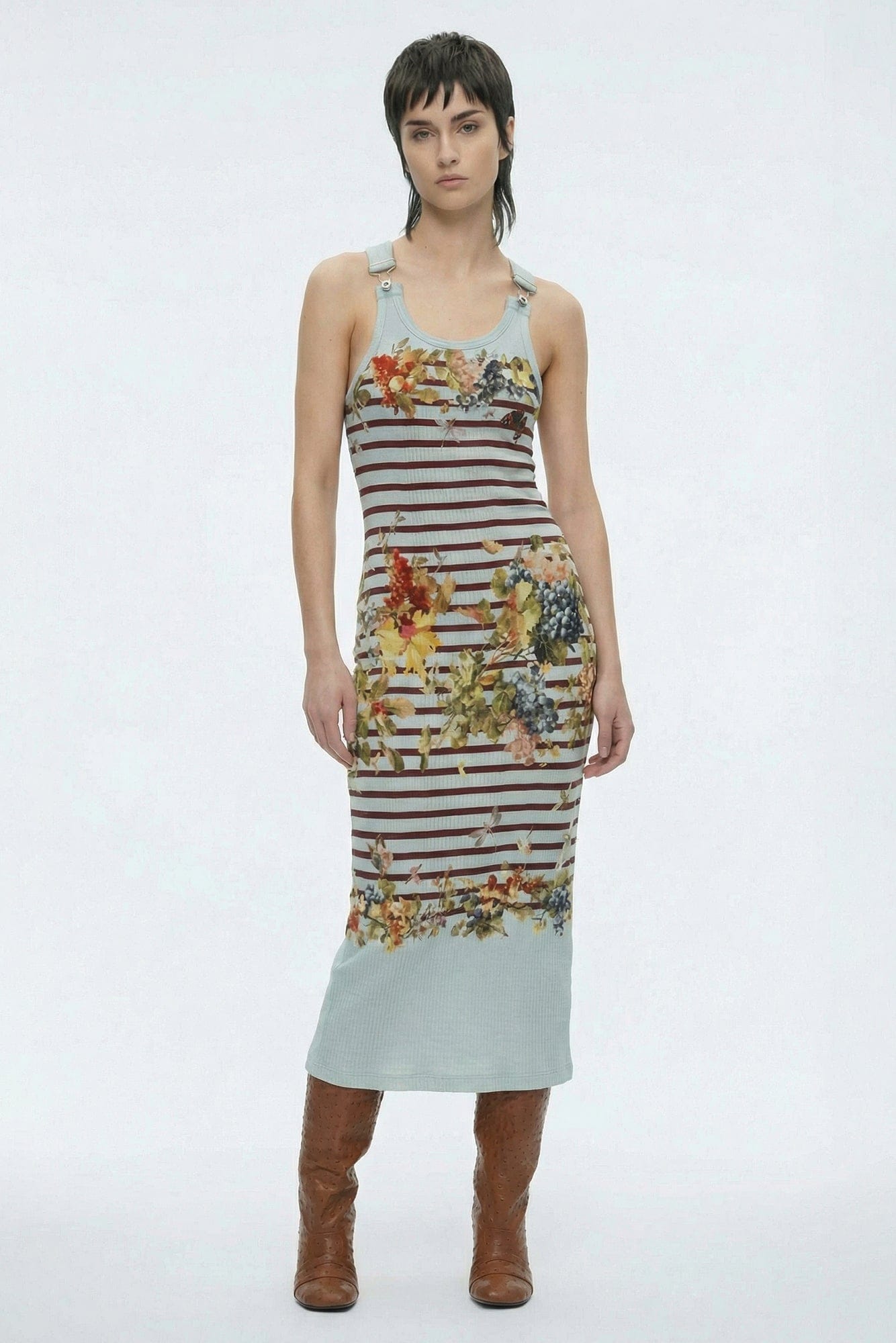 Jean Paul Gaultier Ribbed Dress with Buckles in Marinière Grape posed