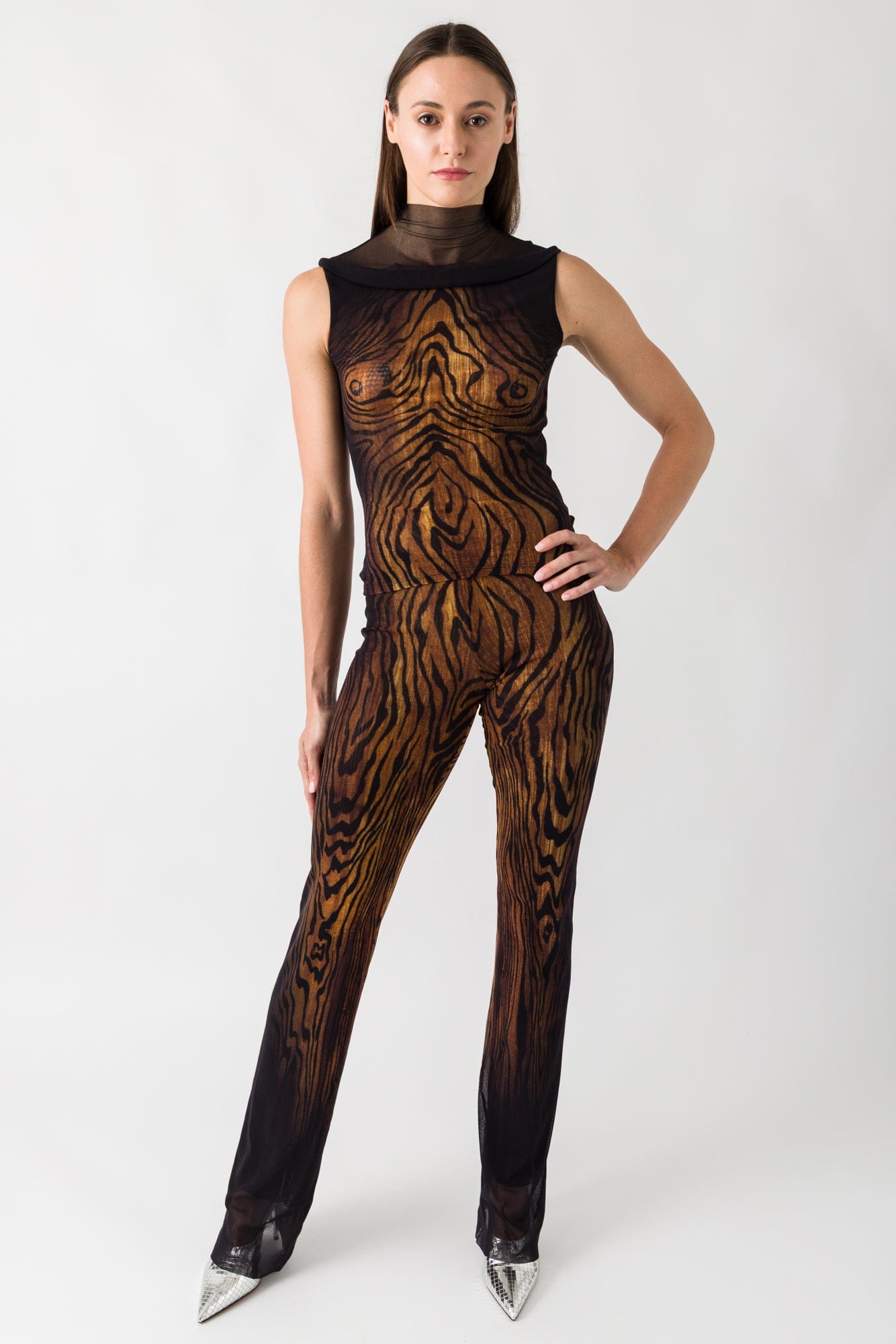 Jean Paul Gaultier Mesh Printed Trousers In Wood full look