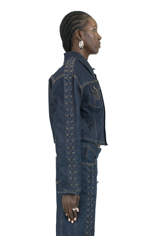 Jean Paul Gaultier Oversize Cropped Denim Jacket with Laces and Top Stitches Details in Indigo side