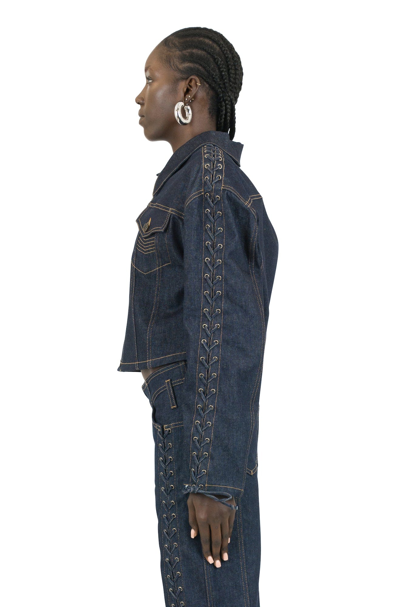 Jean Paul Gaultier Oversize Cropped Denim Jacket with Laces and Top Stitches Details in Indigo side 2