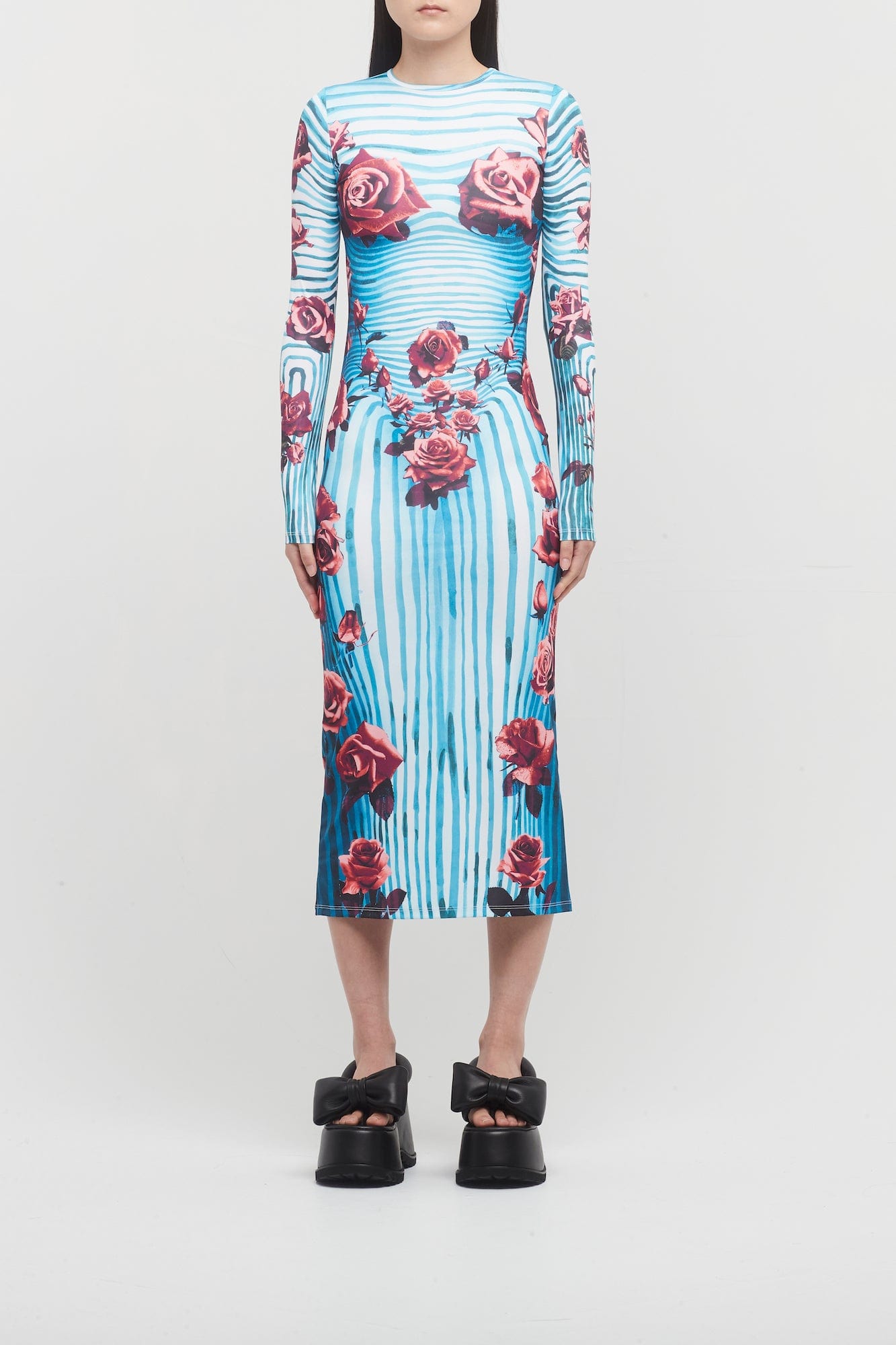 printed body flowers long sleeve dress by jean paul caultier Jean Paul Gaultier Jersey Long Sleeves Dress in Body Morphing Flowers