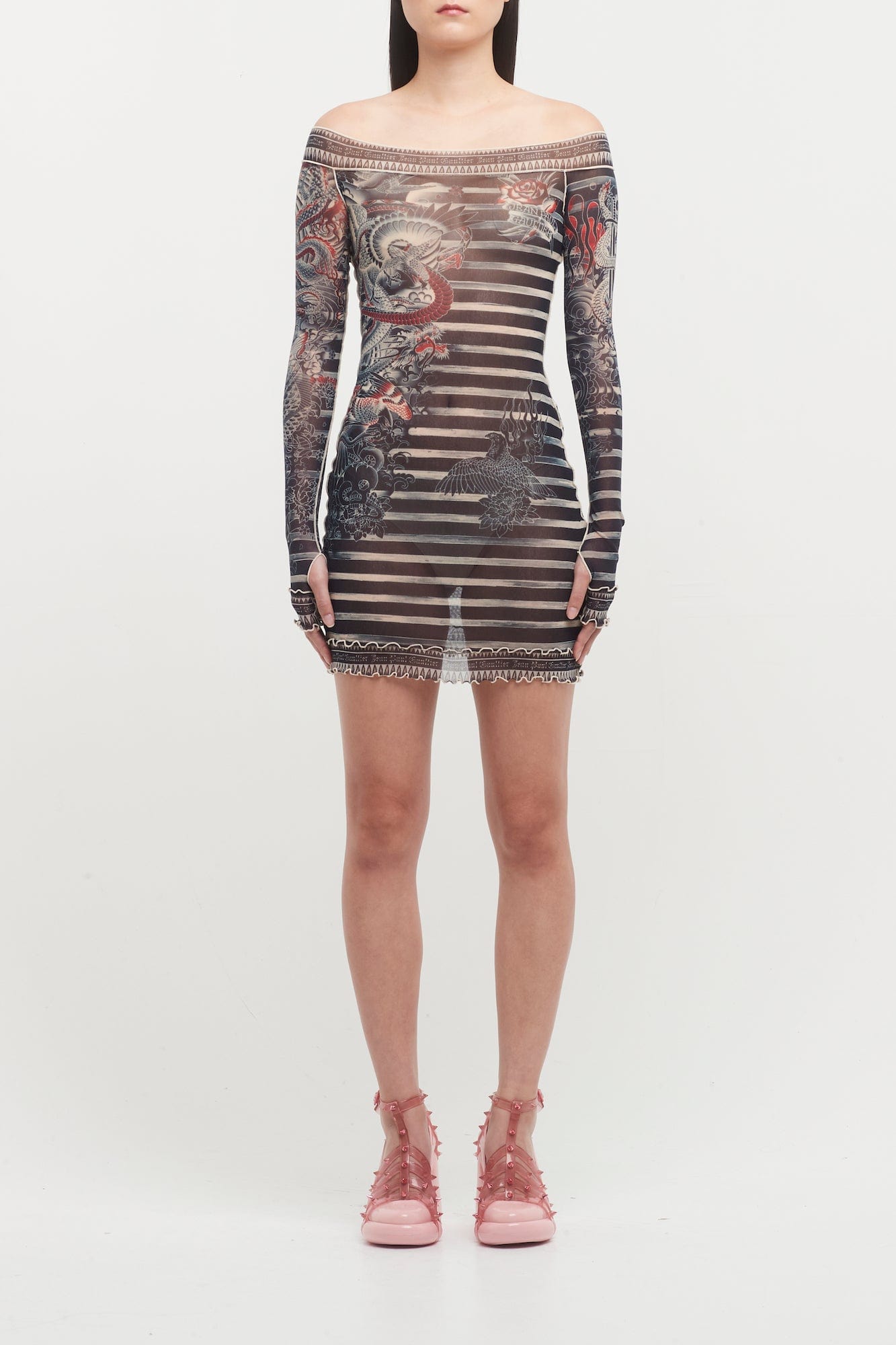 jean paul gaultier tattoo mini dress Jean Paul Gaultier Tattoo Rose & Bird Printed Mesh Halterneck Mini Dress in Natural