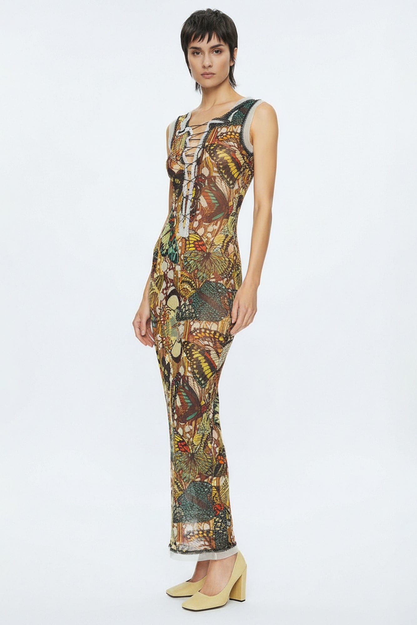 Jean Paul Gaultier Mesh Dress with Lacing in Papillon posed