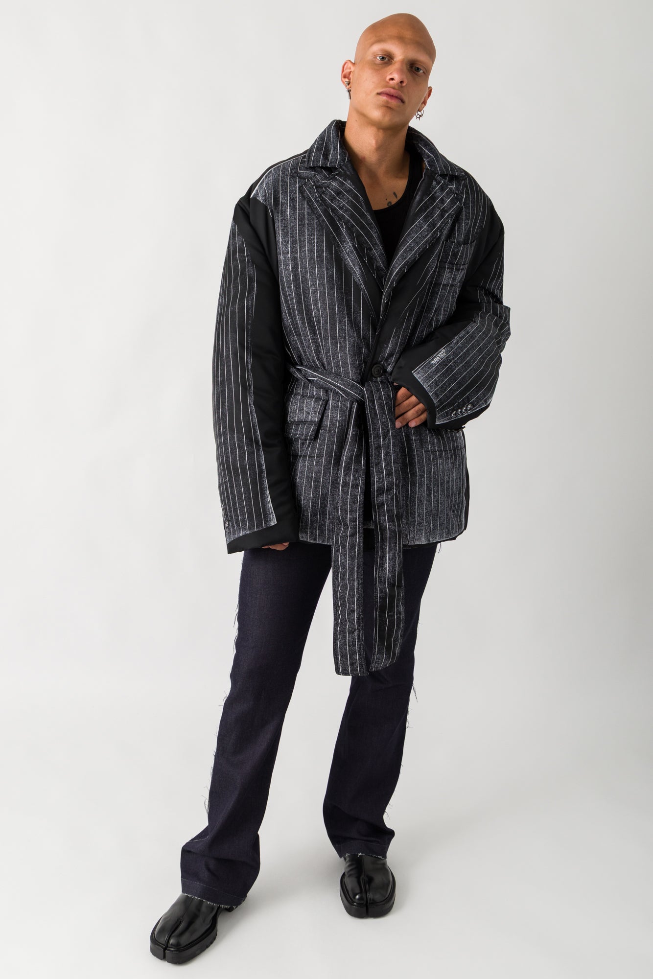 Jean Paul Gaultier Pinstripe Printed Nylon Padded Jacket full look