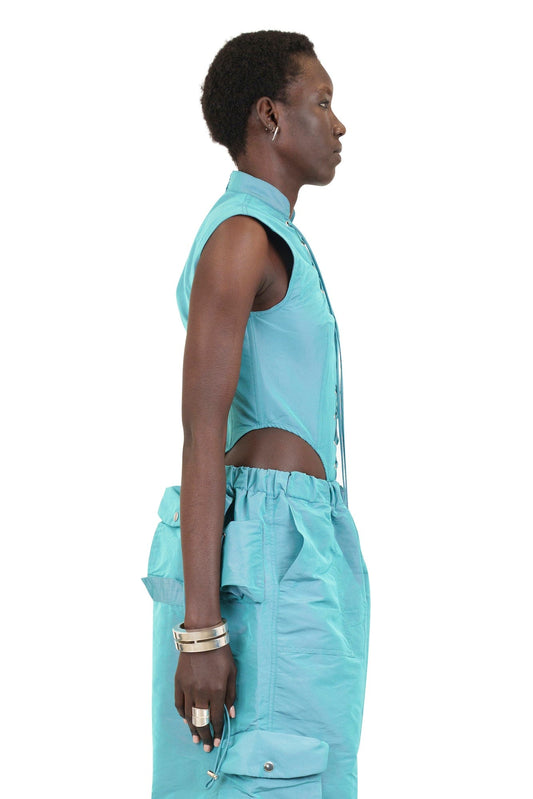 Utility Body Suit with Lace Up Detail in Aqua side