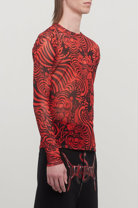Lu'u Dan Kamikaze Print Mesh Long Sleeve Top in Red side