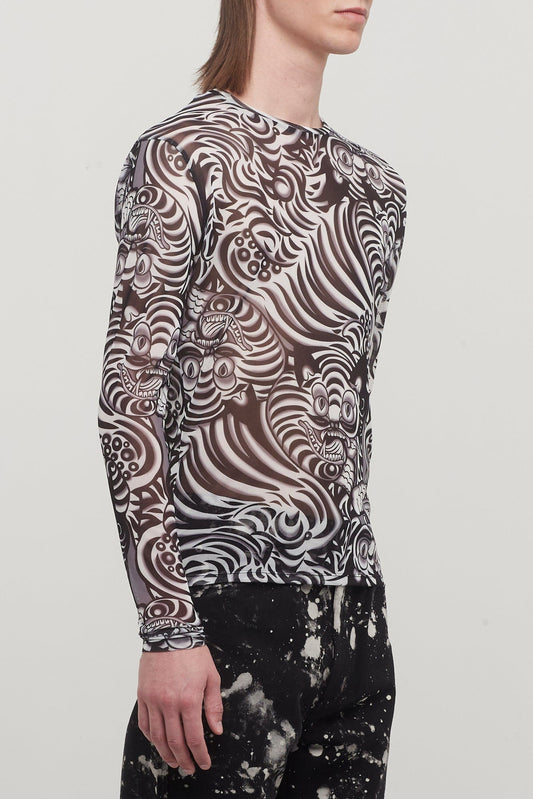 Lu'u Dan Kamikaze Print Mesh Long Sleeve Top in Black side
