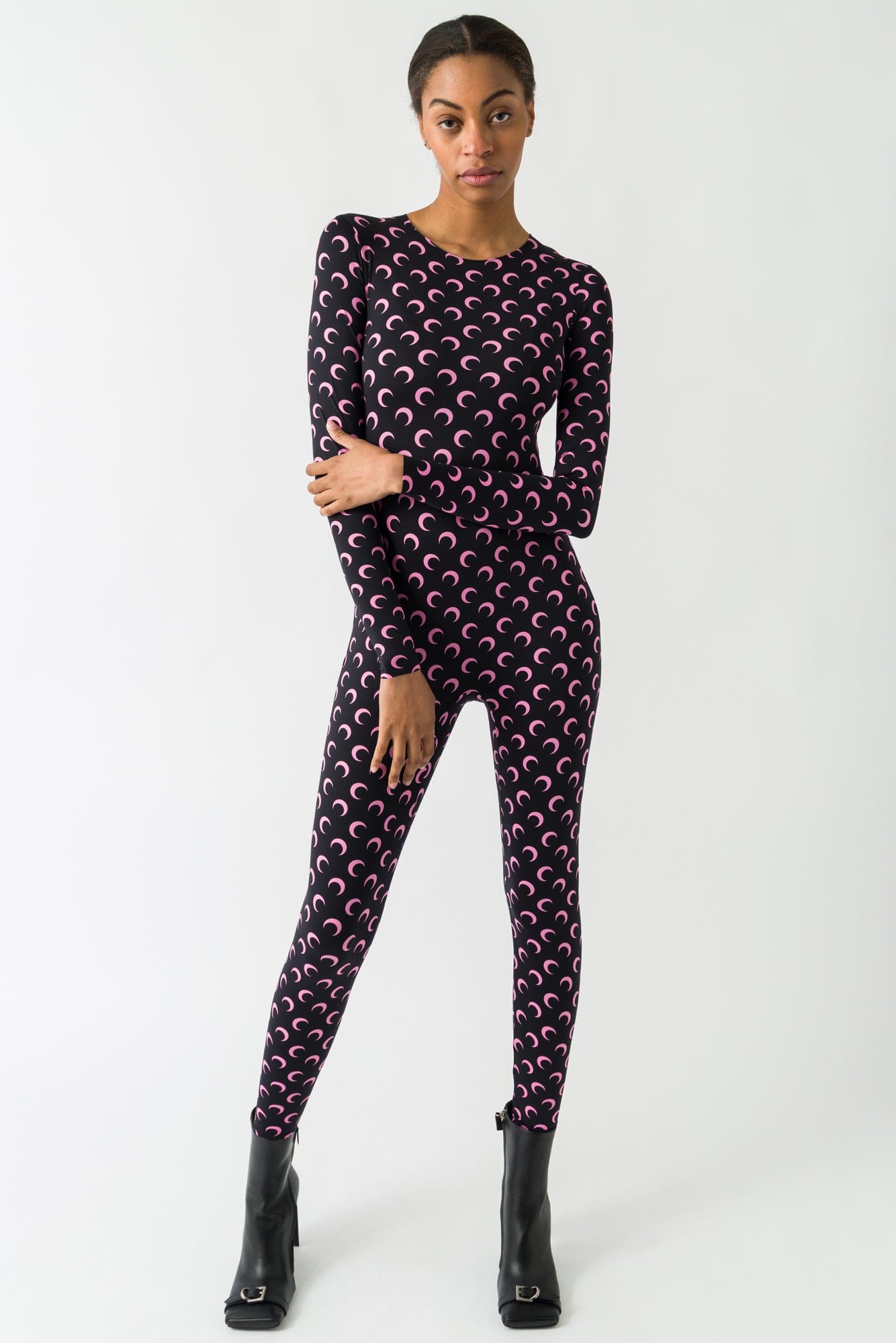 Marine Serre Moon Printed Jersey Longsleeve Catsuit in Black/Pink FW25 full look