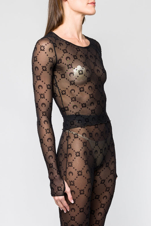 Marine Serre Moonogram Mesh Flocked Second Skin Cropped Top in Black side