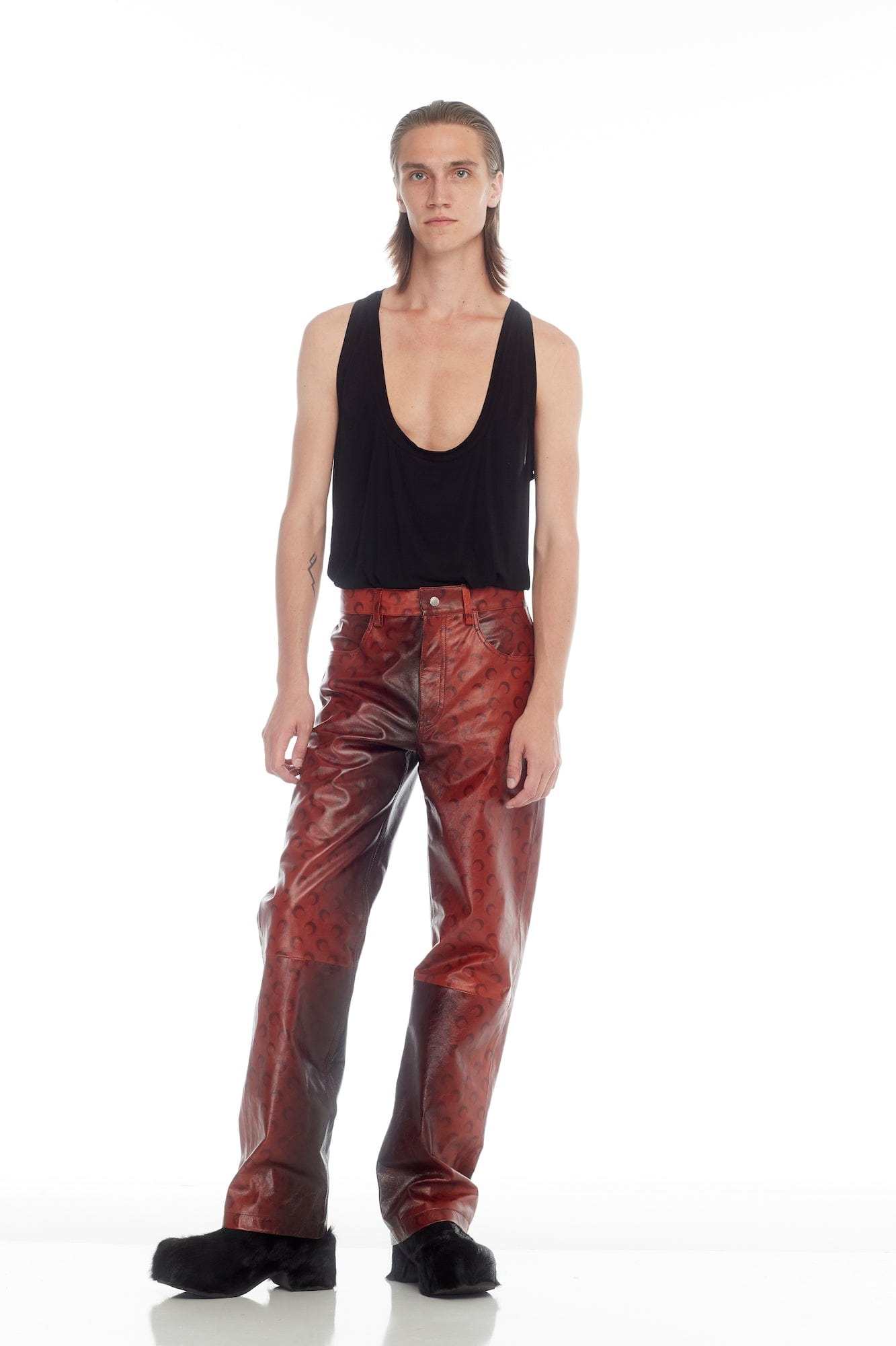 Marine Serre Airbrushed Crafted Leather Wide Leg Pants full look
