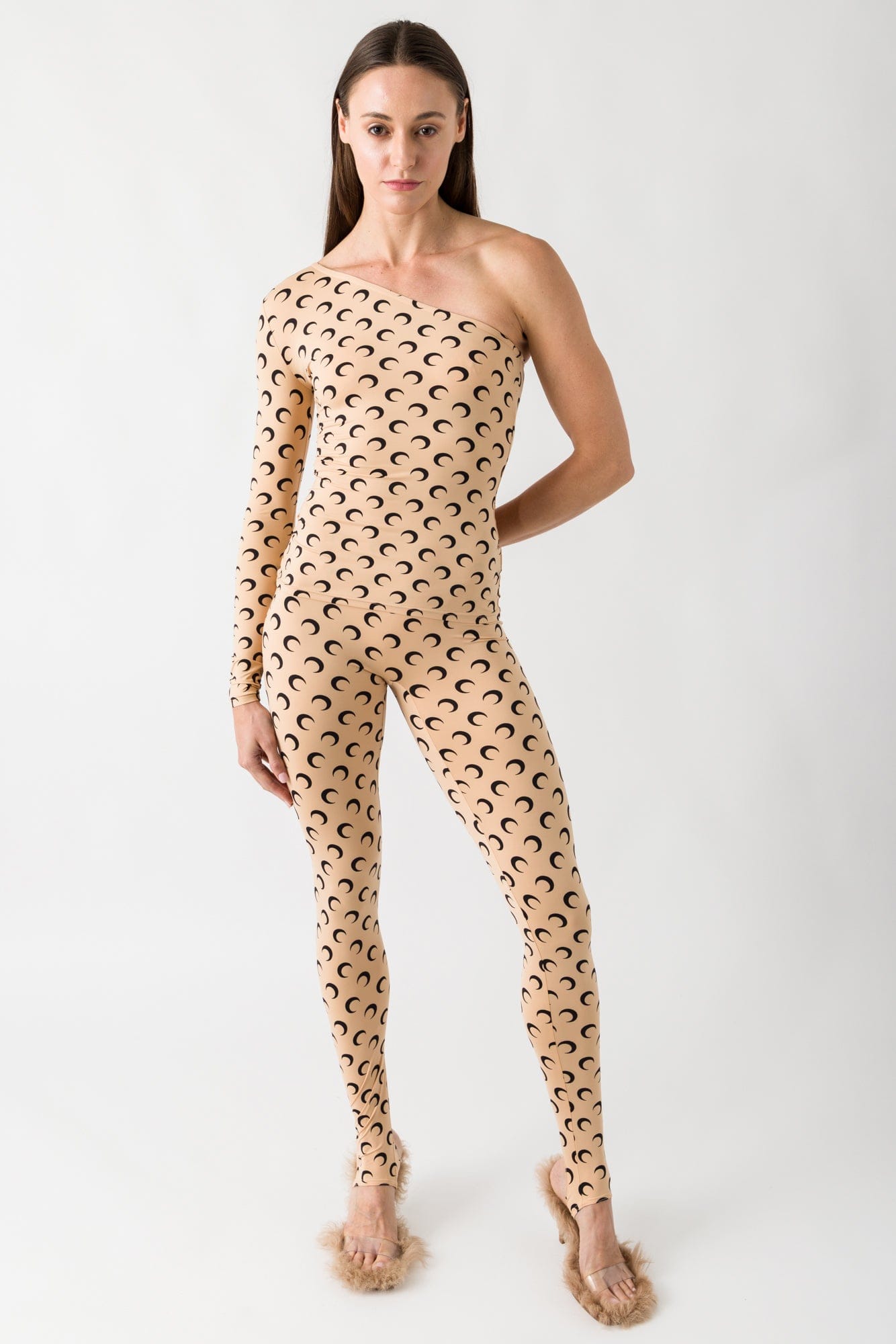 Marine Serre Recycled Moon Jersey Stirrup Leggings in Tan full look