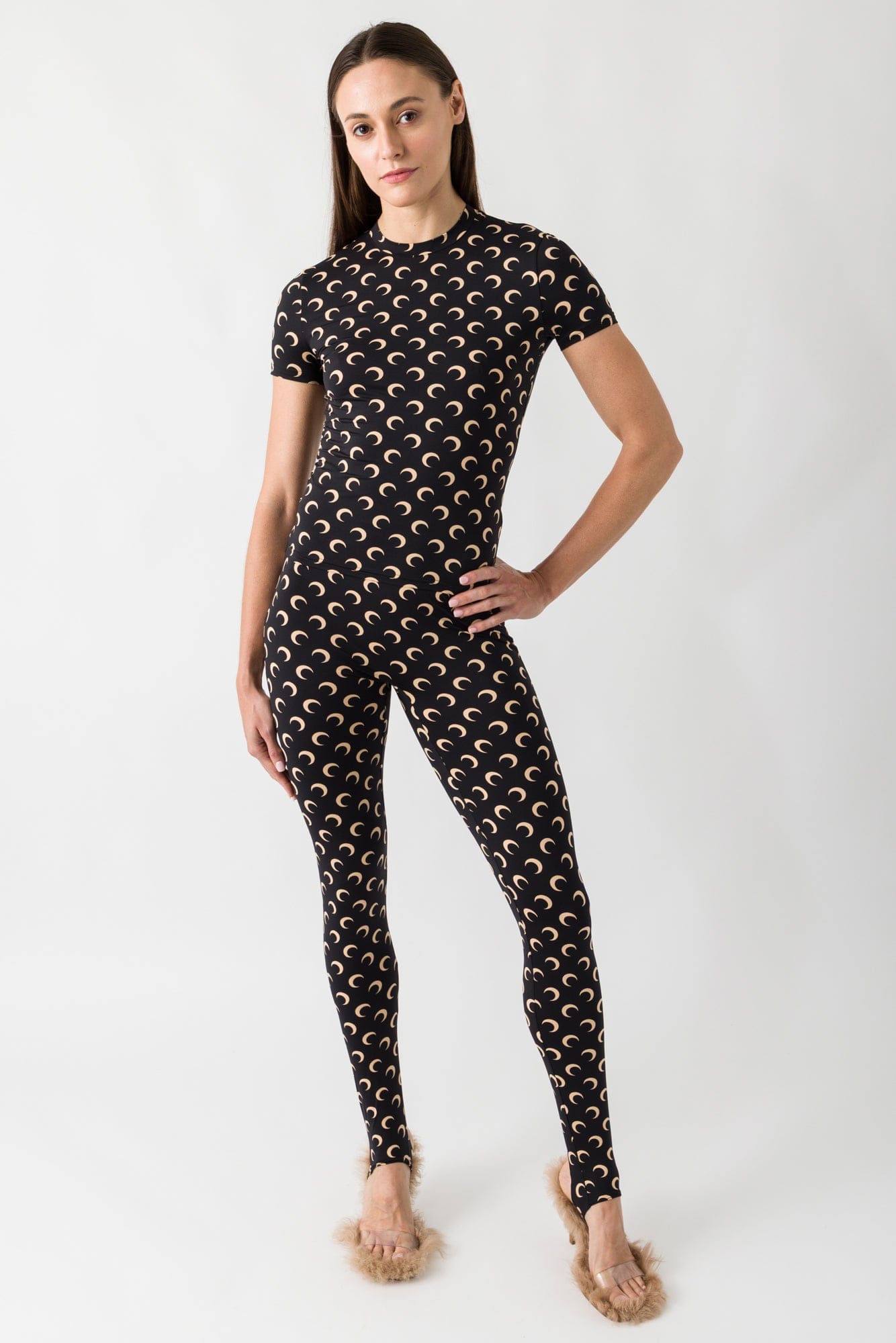 Marine Serre Recycled Moon Jersey Stirrup Leggings in Inverse Tan full look