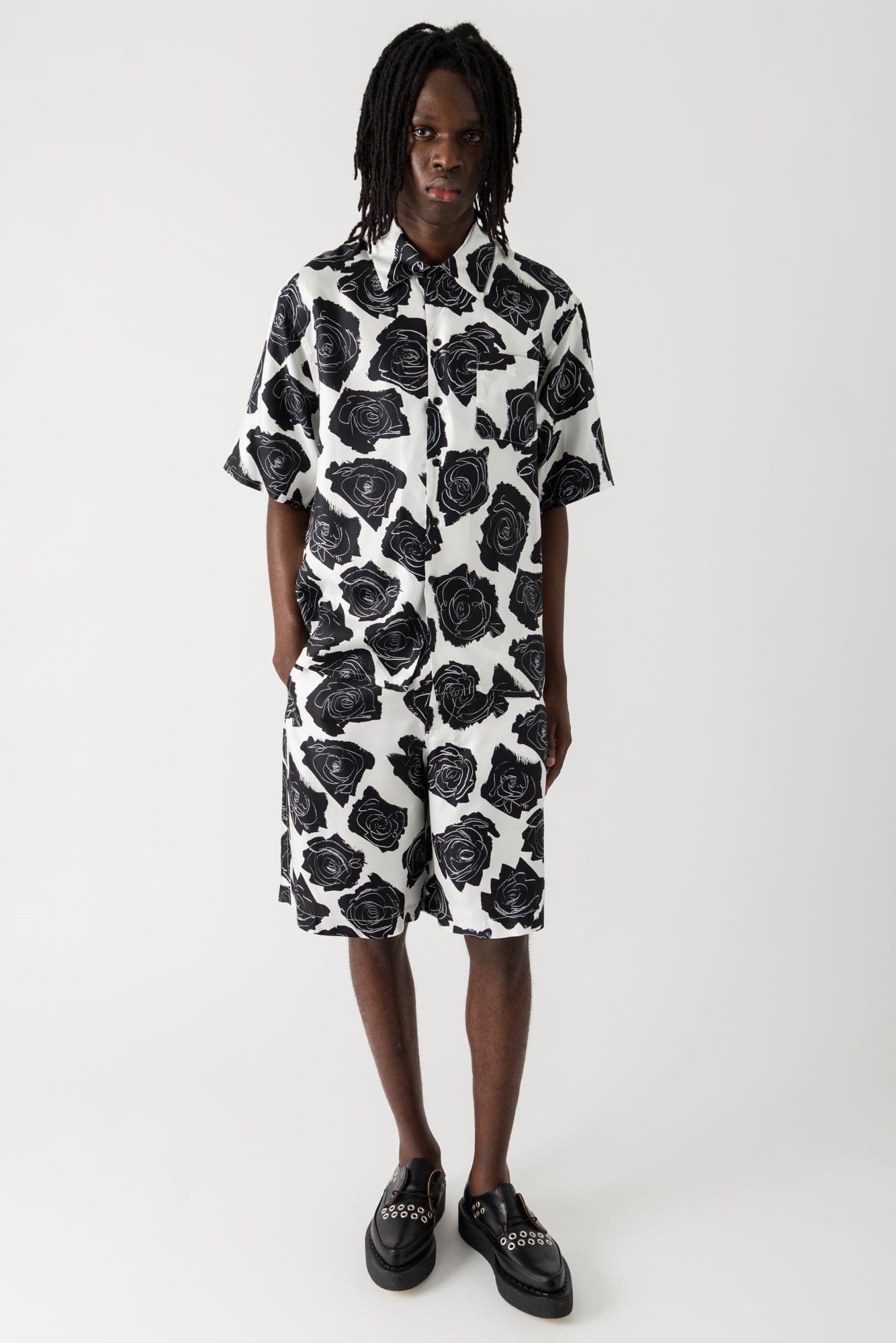 Marni Camp Collar Shirt in Black and White Floral full look