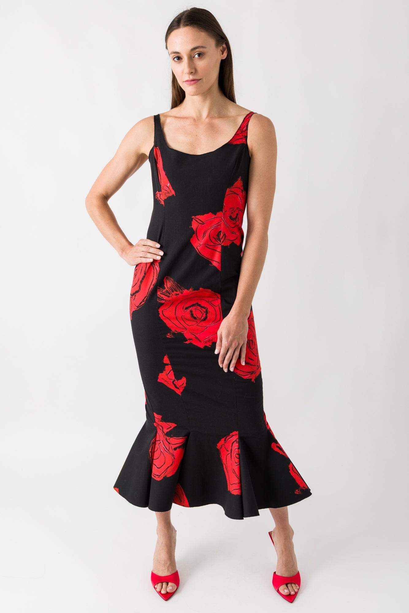 Marni Mermaid Dress in Red and Black Floral full look