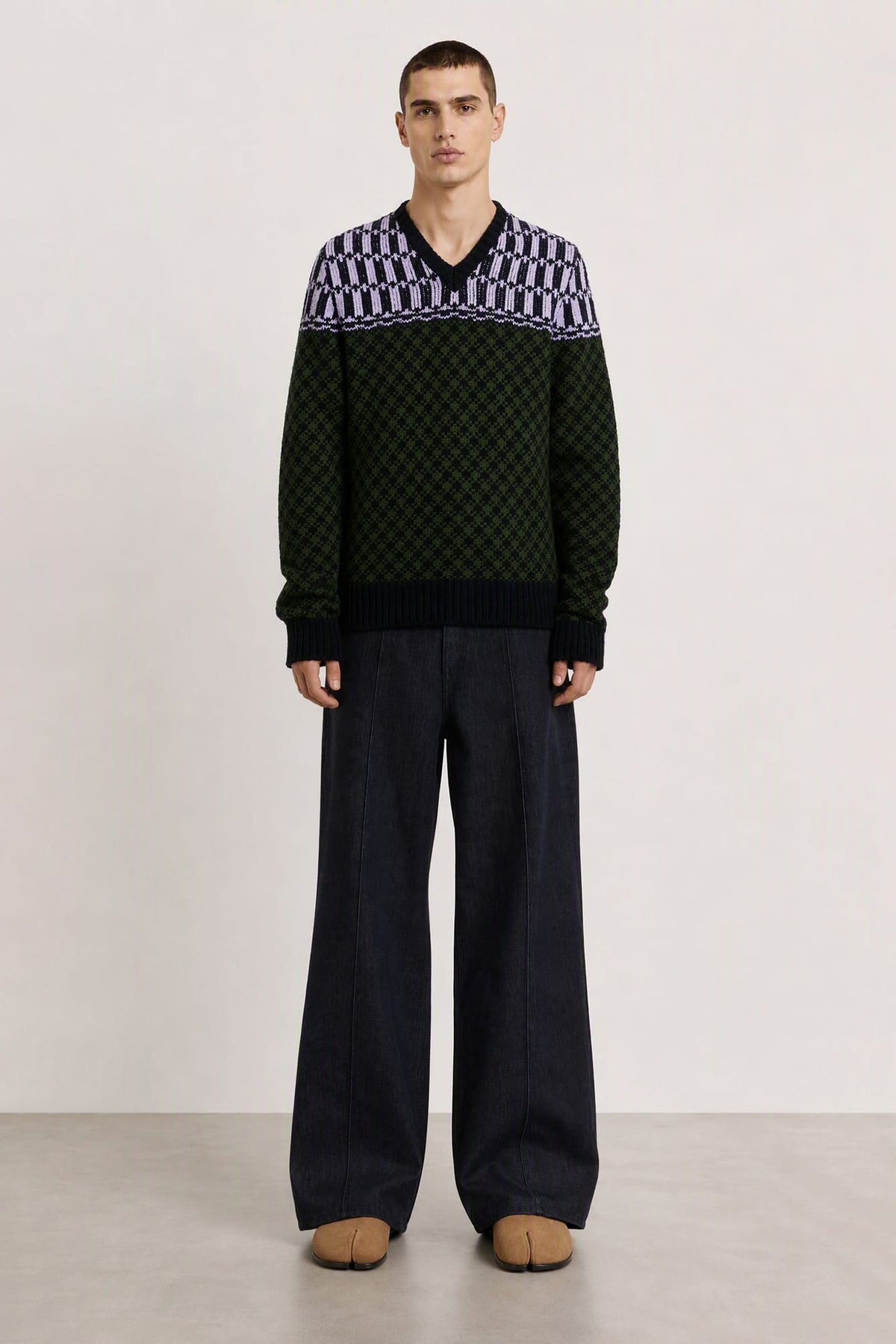 Marni Mixed Pattern V-Neck Sweater full look