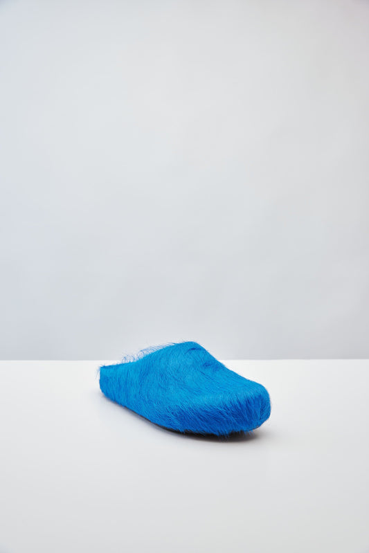 Marni Calf Hair Slippers in Blue angled front
