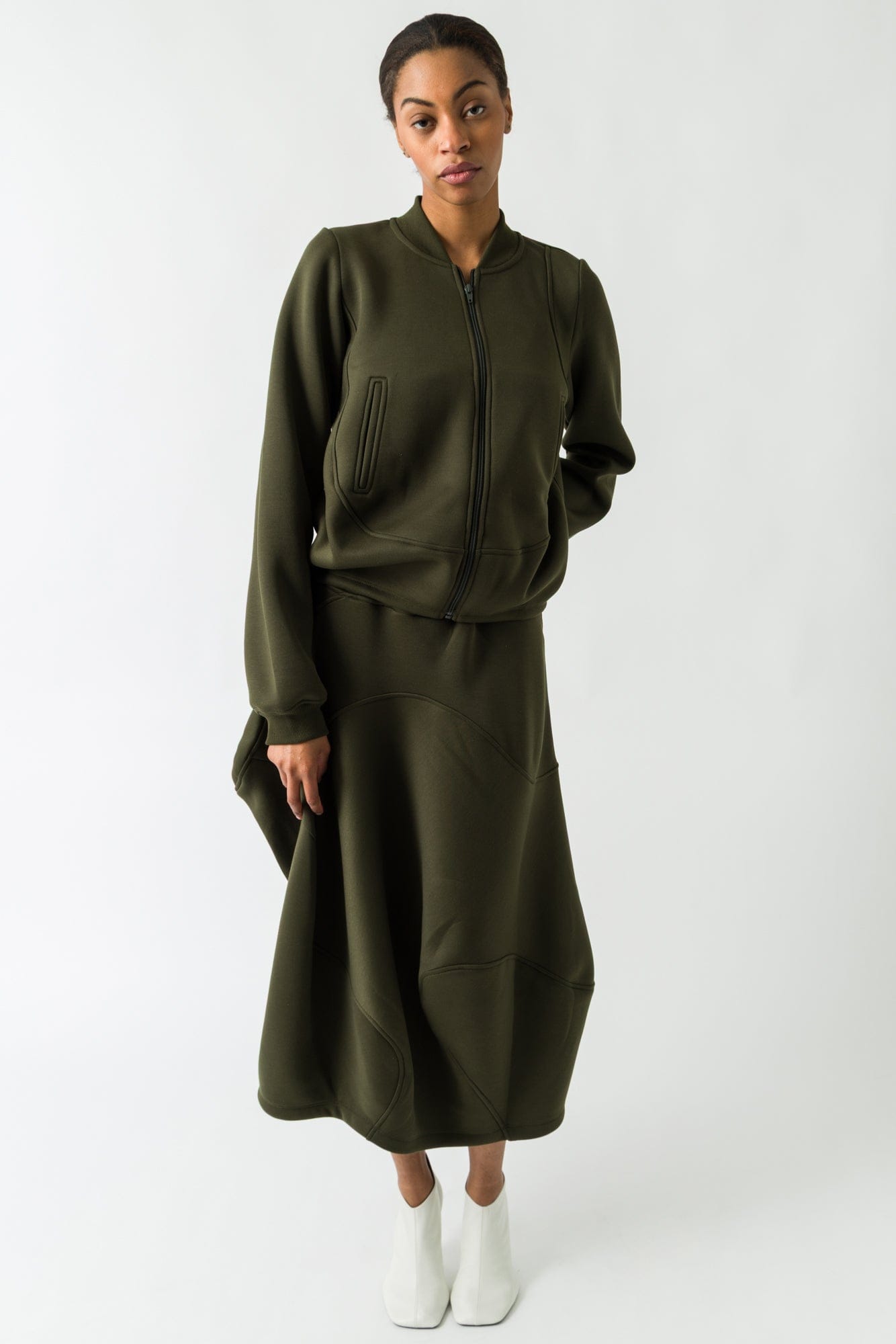 Melitta Baumeister Wavy Zip Up Jacket in Moss full look
