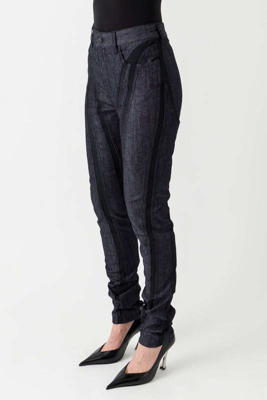 Mugler Raw Denim Trousers with Spiral Seams SS25 side