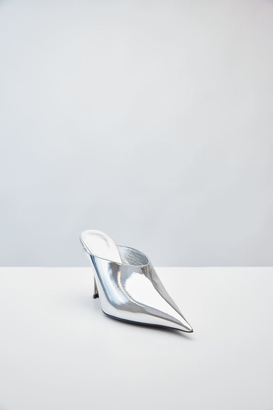 Mugler Metallic Chrome Leather Mule front angle